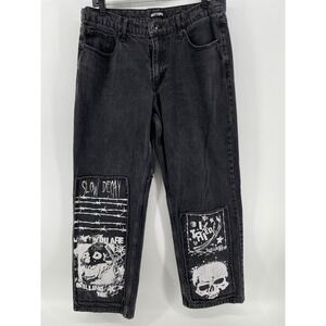 Hot Topic Skull Patch Wide Leg Black Jeans Mens 34X30* Skater Y2K Punk Grunge